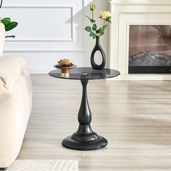 English Elm Small Round Glass Top Accent Table with Vase Base for Bedside or Living Room Decor Black W1151P447641