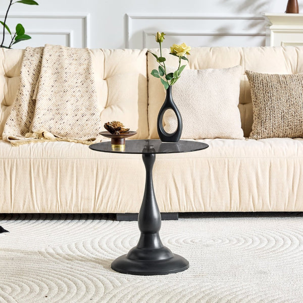 English Elm Small Round Glass Top Accent Table with Vase Base for Bedside or Living Room Decor Black W1151P447641