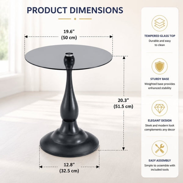 English Elm Small Round Glass Top Accent Table with Vase Base for Bedside or Living Room Decor Black W1151P447641