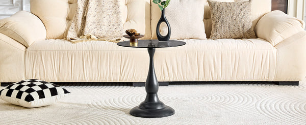 English Elm Small Round Glass Top Accent Table with Vase Base for Bedside or Living Room Decor Black W1151P447641