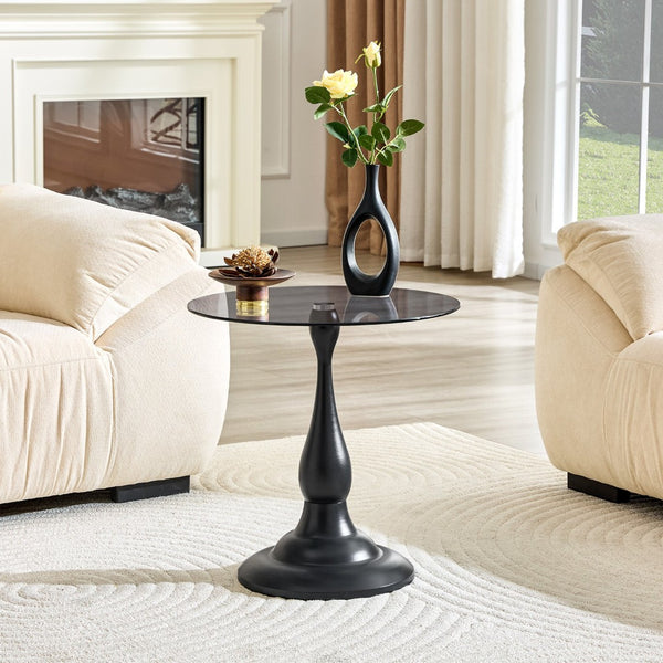 English Elm Small Round Glass Top Accent Table with Vase Base for Bedside or Living Room Decor Black W1151P447641