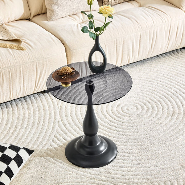 English Elm Small Round Glass Top Accent Table with Vase Base for Bedside or Living Room Decor Black W1151P447641