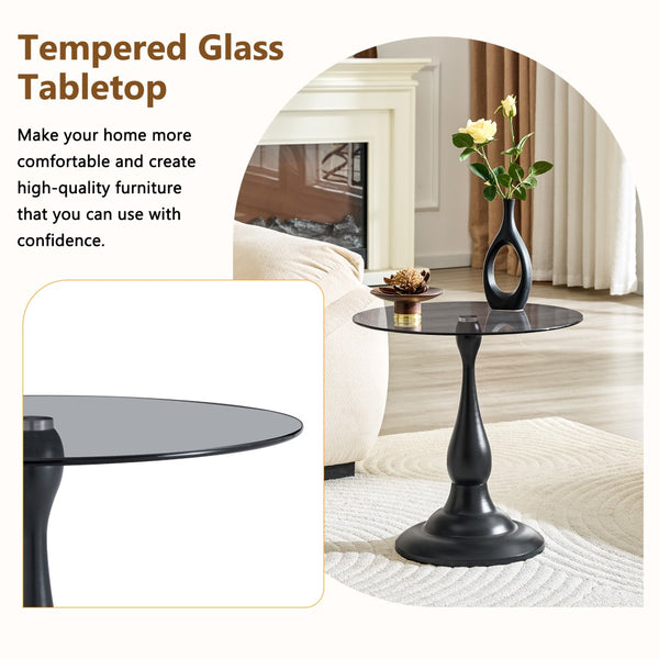 English Elm Small Round Glass Top Accent Table with Vase Base for Bedside or Living Room Decor Black W1151P447641