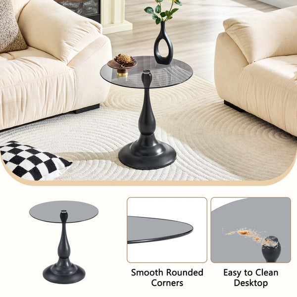 English Elm Small Round Glass Top Accent Table with Vase Base for Bedside or Living Room Decor Black W1151P447641