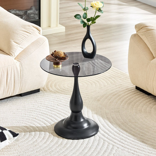 English Elm Small Round Glass Top Accent Table with Vase Base for Bedside or Living Room Decor Black W1151P447641