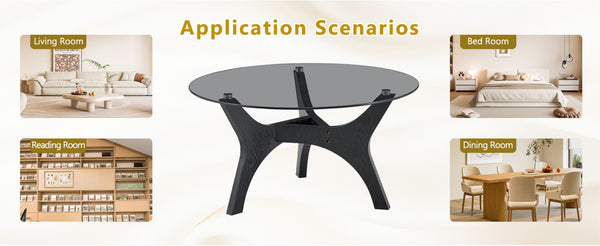 English Elm 31.5" Round Tempered Glass Coffee Table Mid-century Mdf Base Living Room Accent Black Wood Grain W1151P448971