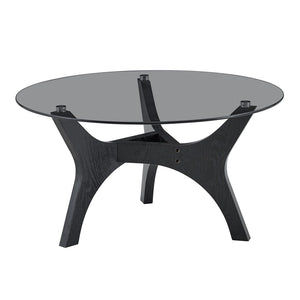 English Elm 31.5" Round Tempered Glass Coffee Table Mid-century Mdf Base Living Room Accent Black Wood Grain W1151P448971