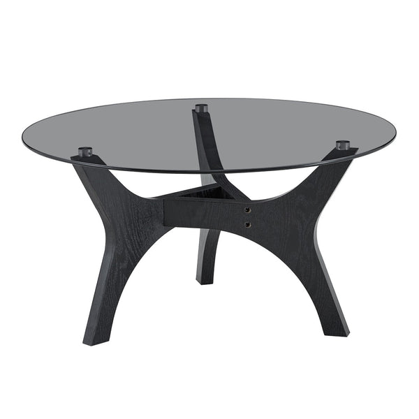 English Elm 31.5" Round Tempered Glass Coffee Table Mid-century Mdf Base Living Room Accent Black Wood Grain W1151P448971