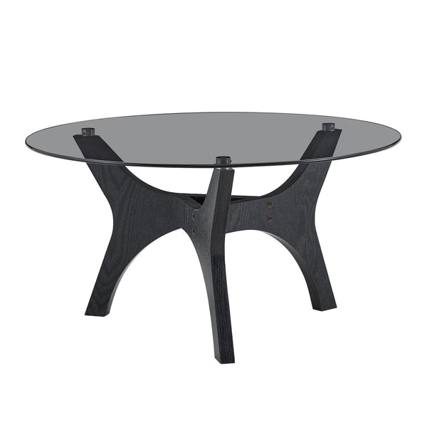English Elm 31.5" Round Tempered Glass Coffee Table Mid-century Mdf Base Living Room Accent Black Wood Grain W1151P448971
