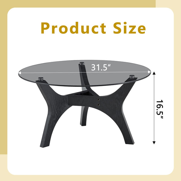 English Elm 31.5" Round Tempered Glass Coffee Table Mid-century Mdf Base Living Room Accent Black Wood Grain W1151P448971