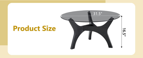 English Elm 31.5" Round Tempered Glass Coffee Table Mid-century Mdf Base Living Room Accent Black Wood Grain W1151P448971
