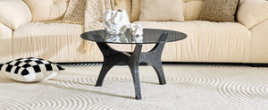 English Elm 31.5" Round Tempered Glass Coffee Table Mid-century Mdf Base Living Room Accent Black Wood Grain W1151P448971