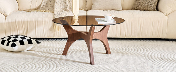 English Elm 31.5" Round Tempered Glass Coffee Table Mid-century Mdf Base Living Room Accent Walnut W1151P448972