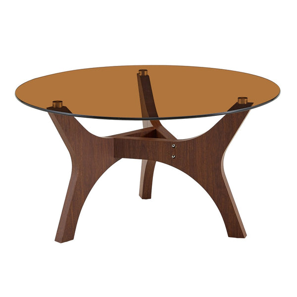 English Elm 31.5" Round Tempered Glass Coffee Table Mid-century Mdf Base Living Room Accent Walnut W1151P448972