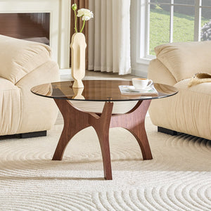 English Elm 31.5" Round Tempered Glass Coffee Table Mid-century Mdf Base Living Room Accent Walnut W1151P448972
