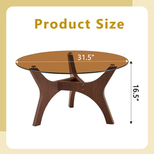 English Elm 31.5" Round Tempered Glass Coffee Table Mid-century Mdf Base Living Room Accent Walnut W1151P448972