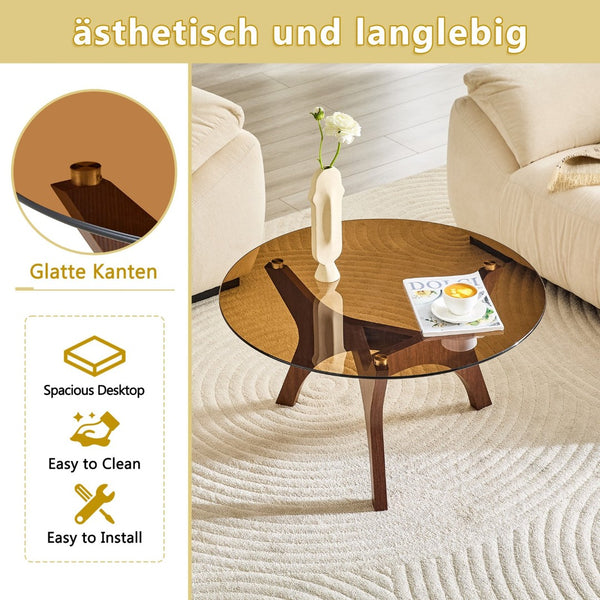 English Elm 31.5" Round Tempered Glass Coffee Table Mid-century Mdf Base Living Room Accent Walnut W1151P448972