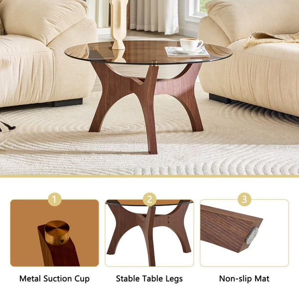 English Elm 31.5" Round Tempered Glass Coffee Table Mid-century Mdf Base Living Room Accent Walnut W1151P448972