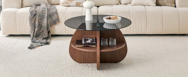 English Elm Creative Round Glass Top Coffee Table with Walnut Base and Fan Storage for Living Rooms W1151P449917