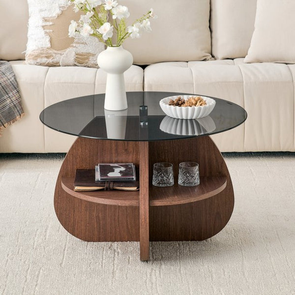 English Elm Creative Round Glass Top Coffee Table with Walnut Base and Fan Storage for Living Rooms W1151P449917