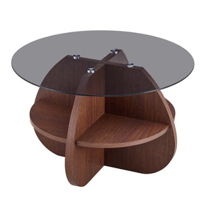 English Elm Creative Round Glass Top Coffee Table with Walnut Base and Fan Storage for Living Rooms W1151P449917