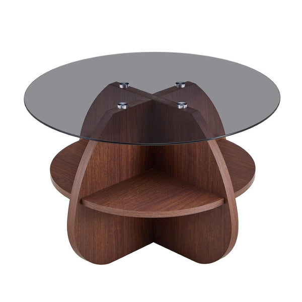 English Elm Creative Round Glass Top Coffee Table with Walnut Base and Fan Storage for Living Rooms W1151P449917