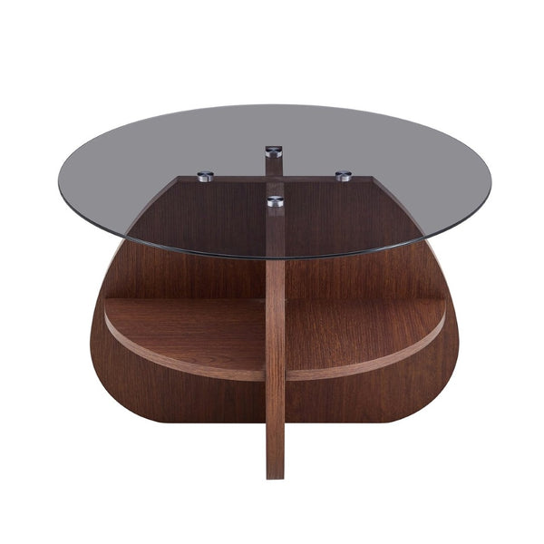 English Elm Creative Round Glass Top Coffee Table with Walnut Base and Fan Storage for Living Rooms W1151P449917