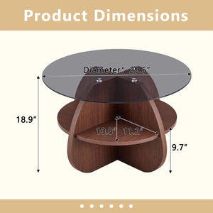 English Elm Creative Round Glass Top Coffee Table with Walnut Base and Fan Storage for Living Rooms W1151P449917
