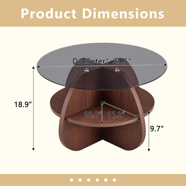 English Elm Creative Round Glass Top Coffee Table with Walnut Base and Fan Storage for Living Rooms W1151P449917