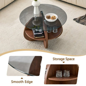 English Elm Creative Round Glass Top Coffee Table with Walnut Base and Fan Storage for Living Rooms W1151P449917