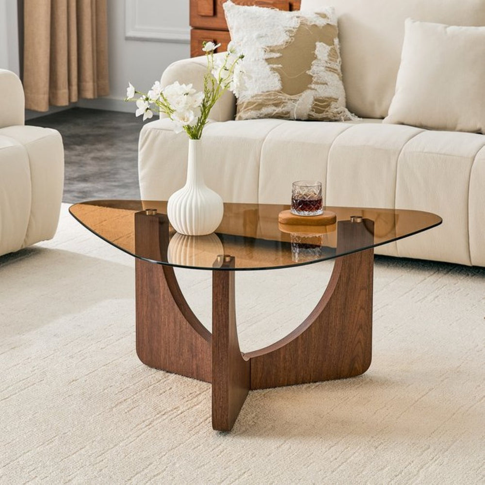 English Elm Vintage-style Triangular Glass Top Coffee Table with Walnut Mdf Base for Corner Spaces W1151P449918