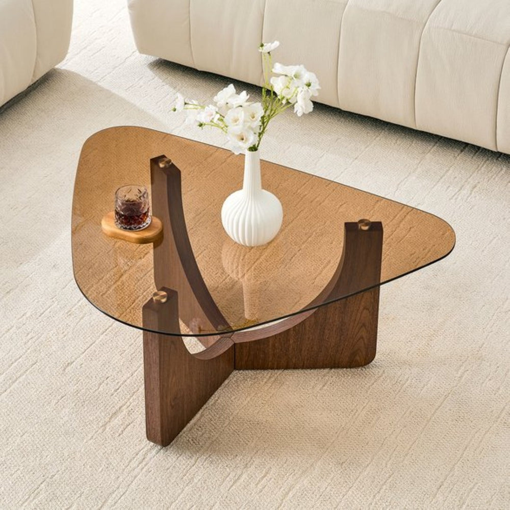 English Elm Vintage-style Triangular Glass Top Coffee Table with Walnut Mdf Base for Corner Spaces W1151P449918