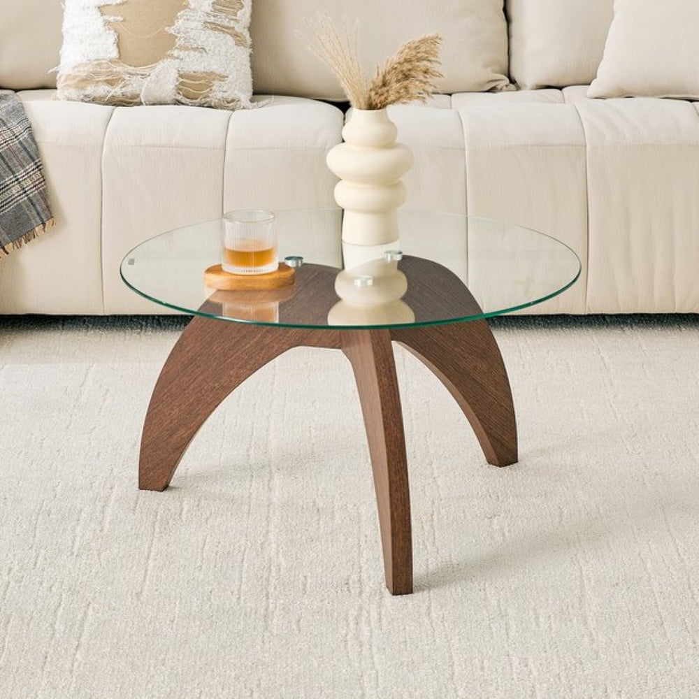 English Elm Creative Round Glass Coffee Table Walnut Claw Base Sculptural Living Room Accent W1151P449919