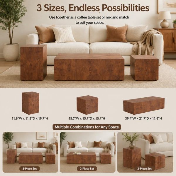 English Elm Premium Burl Walnut Veneer Cube Table Seamless 360 Wrap Living Room Side Accent W1151P454436