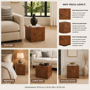 English Elm Premium Burl Walnut Veneer Cube Table Seamless 360 Wrap Living Room Side Accent W1151P454436