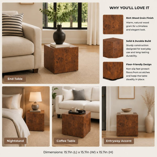 English Elm Premium Burl Walnut Veneer Cube Table Seamless 360 Wrap Living Room Side Accent W1151P454436