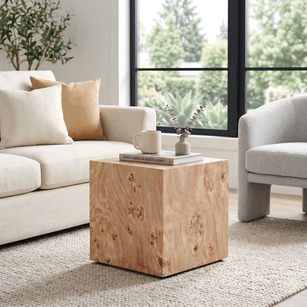 English Elm Natural-Style Burl Wood Grain MDF Cube Side Table Wabi-Sabi Accent for Any Room W1151P454437