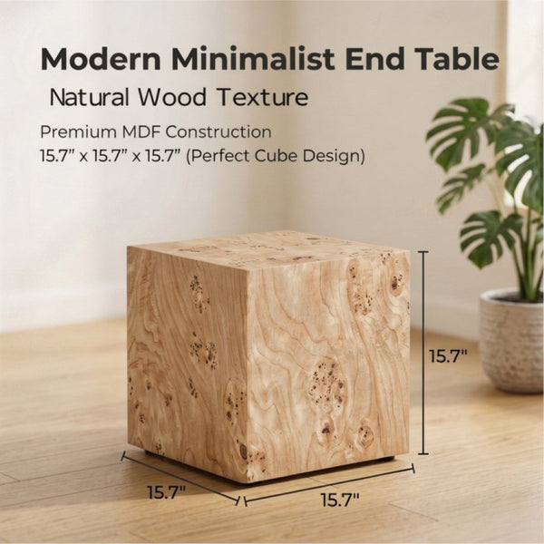 English Elm Natural-Style Burl Wood Grain MDF Cube Side Table Wabi-Sabi Accent for Any Room W1151P454437