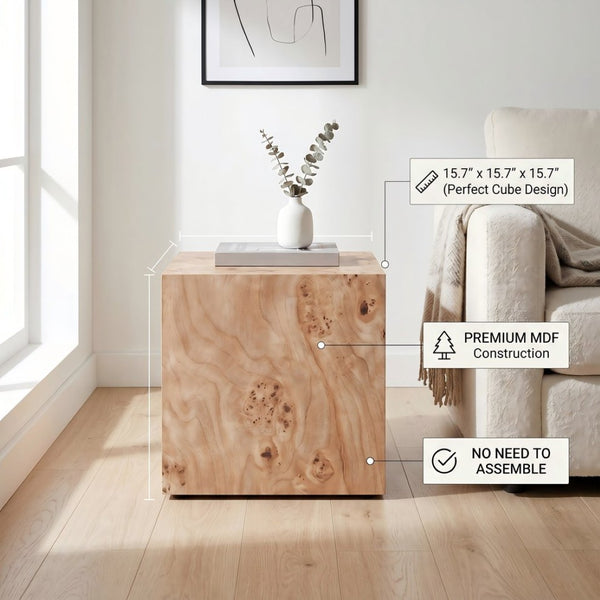 English Elm Natural-Style Burl Wood Grain MDF Cube Side Table Wabi-Sabi Accent for Any Room W1151P454437