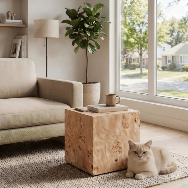 English Elm Natural-Style Burl Wood Grain MDF Cube Side Table Wabi-Sabi Accent for Any Room W1151P454437
