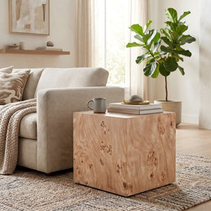 English Elm Natural-Style Burl Wood Grain MDF Cube Side Table Wabi-Sabi Accent for Any Room W1151P454437