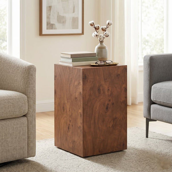 English Elm Premium Burl Walnut Veneer Cube Side Table Sculptural MDF Accent for Living Room W1151P454438