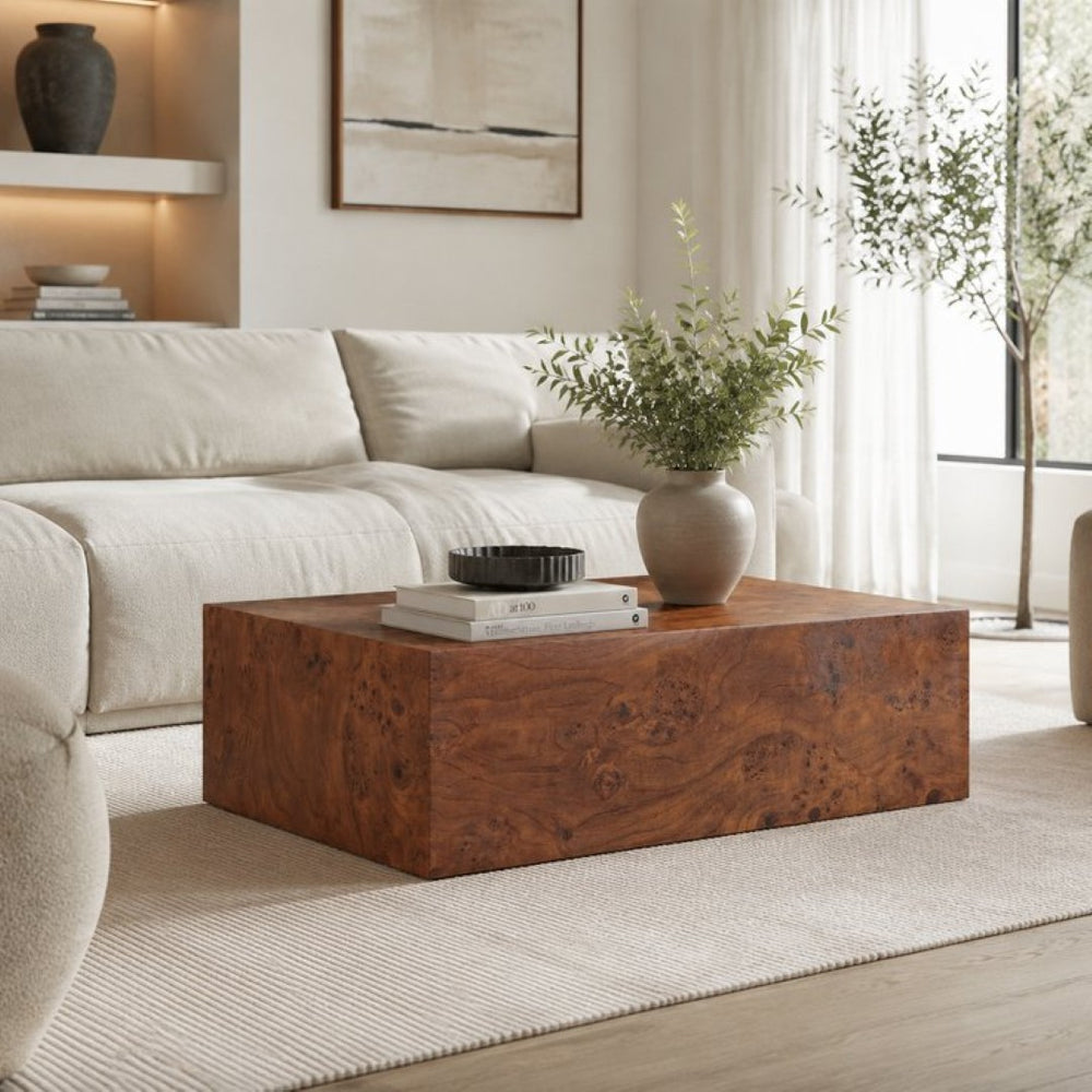 English Elm Premium Burl Walnut Veneer Low Profile Cube Coffee Table for Modern Living Spaces W1151P454440