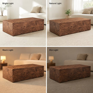 English Elm Premium Burl Walnut Veneer Low Profile Cube Coffee Table for Modern Living Spaces W1151P454440