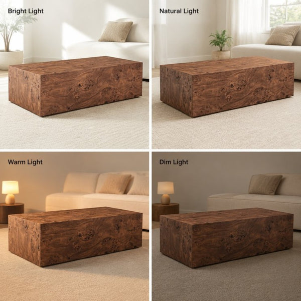 English Elm Premium Burl Walnut Veneer Low Profile Cube Coffee Table for Modern Living Spaces W1151P454440