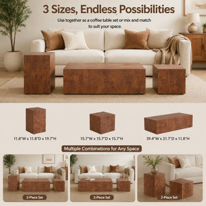 English Elm Premium Burl Walnut Veneer Low Profile Cube Coffee Table for Modern Living Spaces W1151P454440