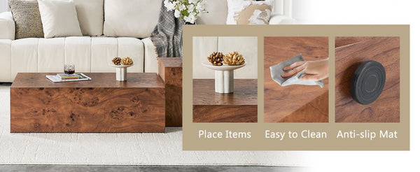 English Elm Premium Burl Walnut Veneer Low Profile Cube Coffee Table for Modern Living Spaces W1151P454440