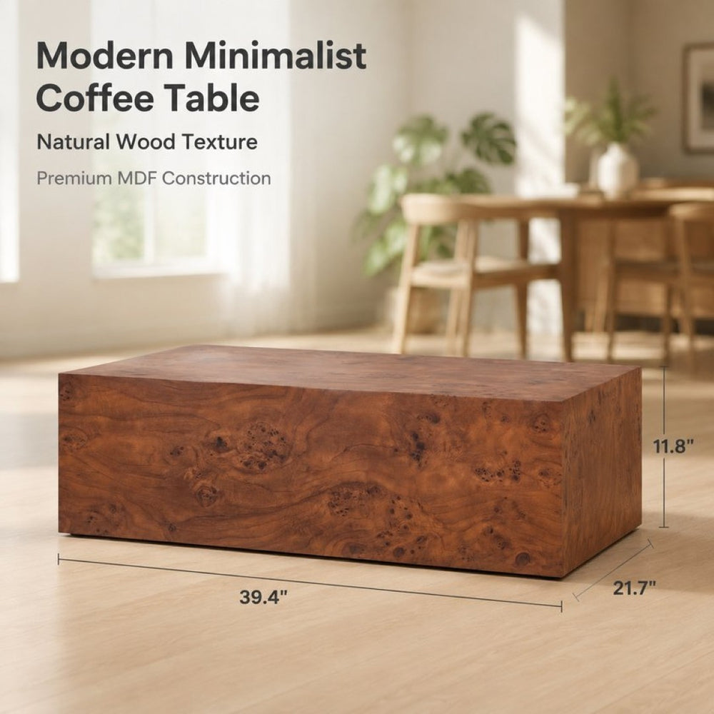 English Elm Premium Burl Walnut Veneer Low Profile Cube Coffee Table for Modern Living Spaces W1151P454440