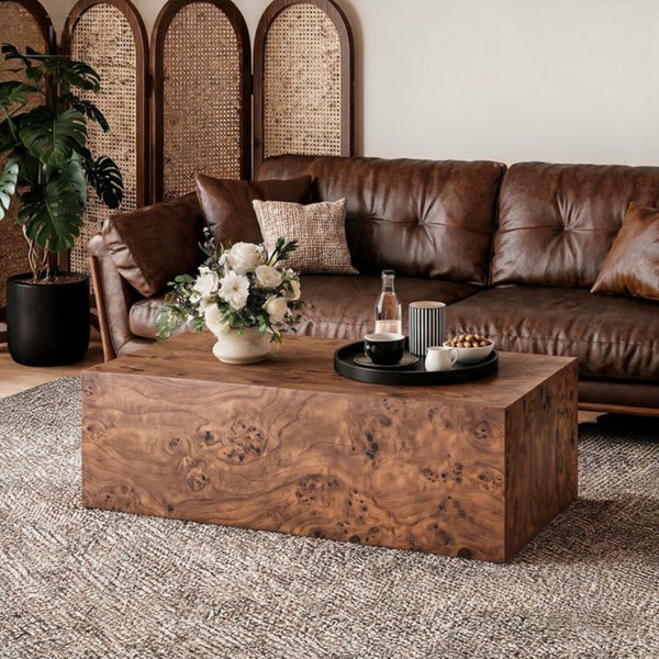 English Elm Premium Burl Walnut Veneer Low Profile Cube Coffee Table for Modern Living Spaces W1151P454440