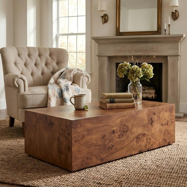 English Elm Premium Burl Walnut Veneer Low Profile Cube Coffee Table for Modern Living Spaces W1151P454440